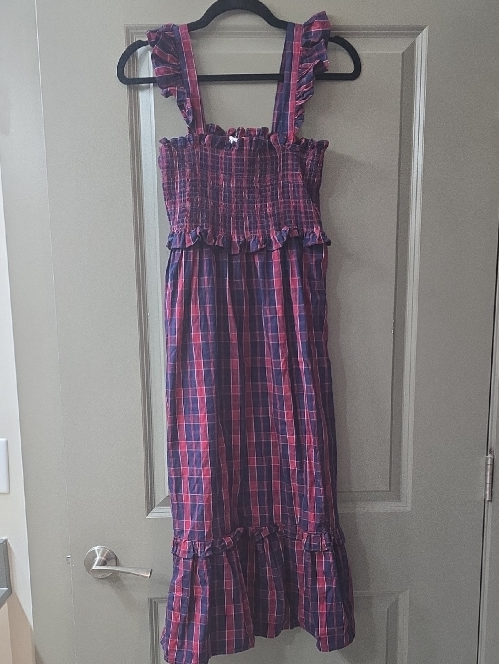 Nicole Miller Plaid Ruffled Smocked Dress in Red & Navy